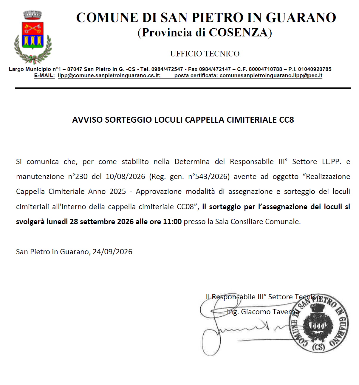 2026 SorteggioLoculiCappellaCimiteriale
